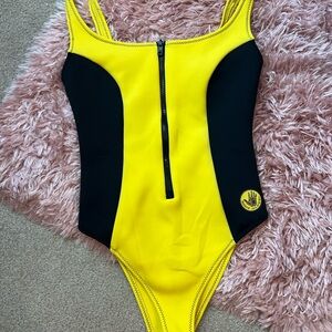 80s Neoprene Body Glove Yellow & Black Zipper Vintage Style High Cut Swim Suit.